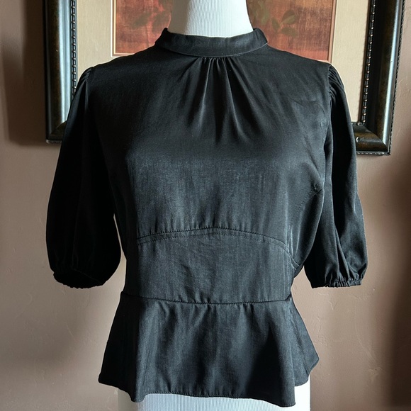 Black Puff Sleeve Peplum Top NWT Size Large - Picture 6 of 9